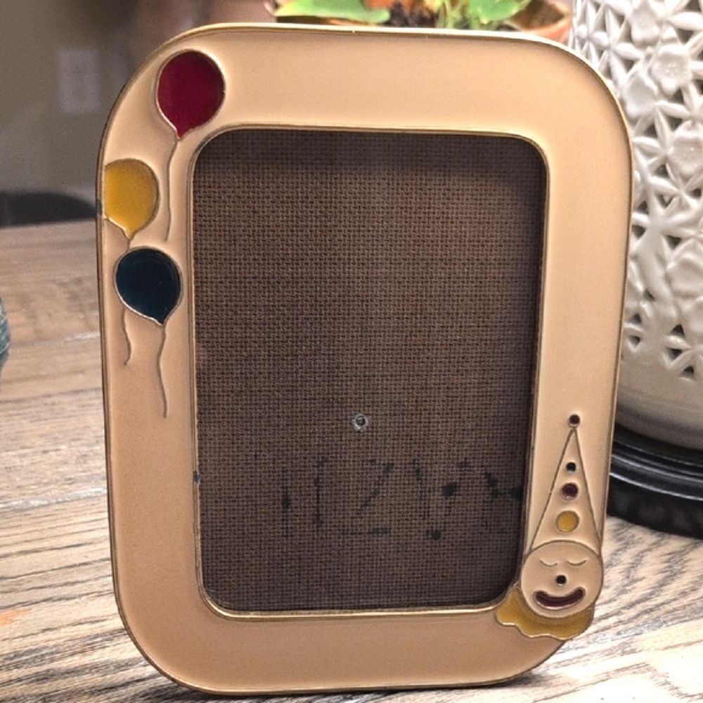 Vintage The Bucklers Inc Heavy Enamel Clown & Balloons Brass Picture Frame MCM